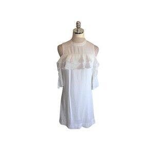 Avec Les Filles Dress Women's Size Medium White Cold Shoulder Sleeve Ruffley